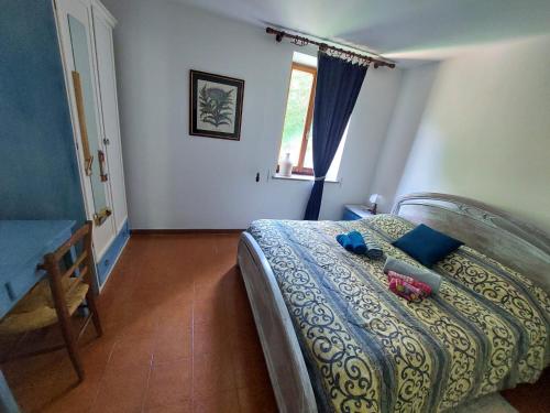 a bedroom with a bed with blue pillows and a window at Iridea in Lamoli Di Borgo Pace