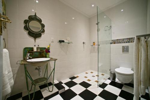 a bathroom with a shower and a sink and a toilet at Baruch Guesthouse on Lovell in Stellenbosch