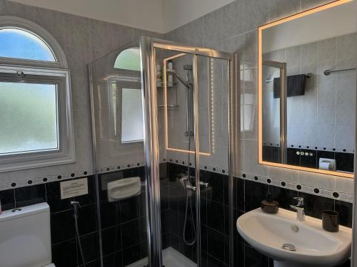 a bathroom with a shower and a sink and mirror at Villa Best Holiday Sea View Private Pool near Coral Bay with Garden and BBQ in Peyia