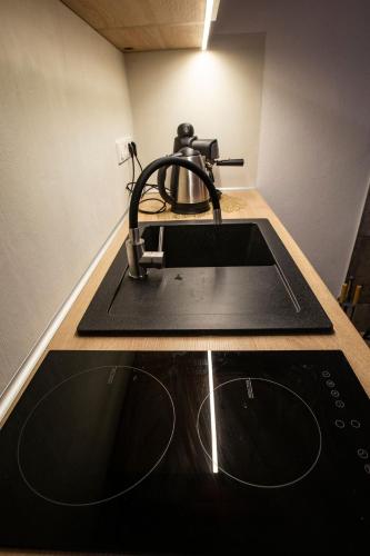 a kitchen counter with a sink with a coffee maker at Szőcs-birtok - The old house in Izvoare