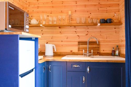 a kitchen with blue cabinets and a sink at Ivy in Whithorn