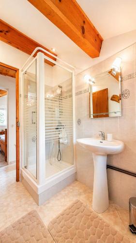 a bathroom with a glass shower and a sink at Piscine & Vue Mer, Maison Familiale Corse, accès cascade in Santa-Maria-Poggio