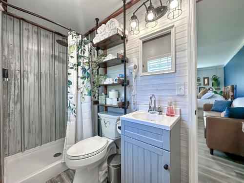 a bathroom with a toilet and a sink and a shower at Cozy Tiny Home Cabin in Eva, TN in Eva