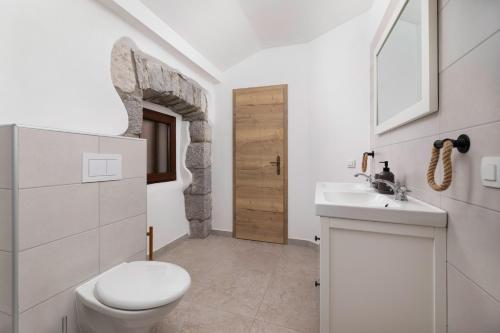 a white bathroom with a toilet and a sink at Villa Franka with heated pool in Milohnići