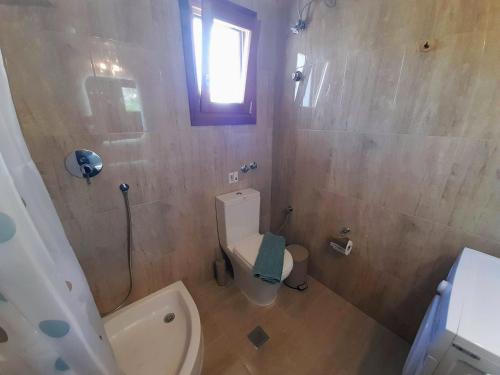 a bathroom with a toilet and a shower with a window at ELEVER Apartments in Agia Marina