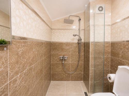 a bathroom with a shower with a toilet at Bella de rezidans in Istanbul