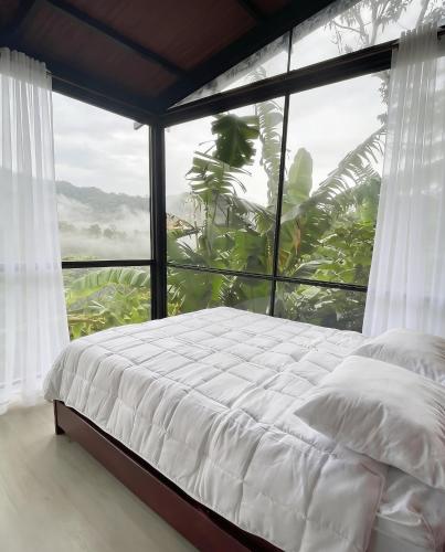 a bedroom with a bed and a large window at Encanto Glamping in Las Dalias