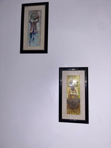two framed pictures hanging on a white wall at Urban Nest Lodge in Ikeja