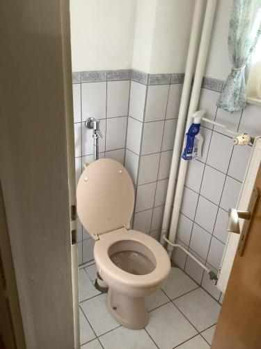 ein Badezimmer mit Toilette in einem kleinen Zimmer in der Unterkunft Edoris in Kraichtal