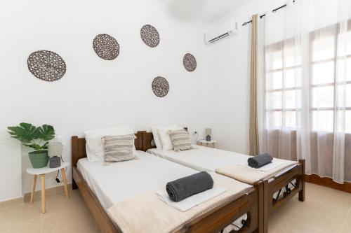 two twin beds in a room with a window at Kosta Villa Alykes in Lefkimmi