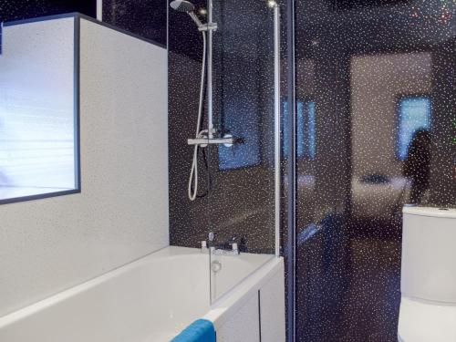 a bathroom with a shower with a sink and a mirror at Llety'r Saer in Hirnant
