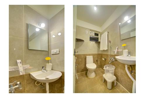 two pictures of a bathroom with a sink and a toilet at RedKEY Inn Transit Hotel Bangalore Airport in Bangalore