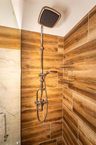 a shower in a bathroom with wooden walls at Silver Sunset 26 in Veliko Gradište