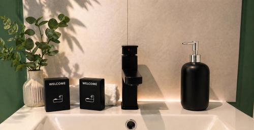 a bathroom sink with a black soap dispenser on it at Place aux fleurs - Le cocon in Dole