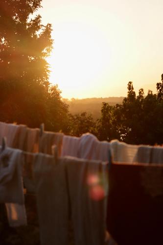 a group of clotheslines with the sunset in the background at Artetude Hostel Cultural in Barra de Guaratiba