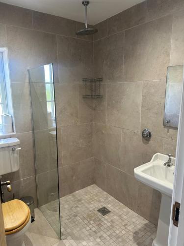 a bathroom with a shower and a toilet and a sink at The Studio in Willerby