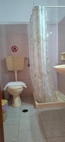a bathroom with a toilet and a shower at Smalis Studios in Lakkíon