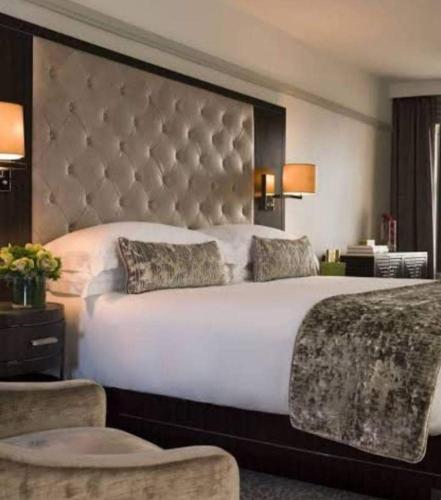 a bedroom with a large bed with a large headboard at Daikon Garden Hotel in Ekwulobia