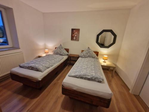 two twin beds in a room with a mirror at Lemone in Zweibrücken