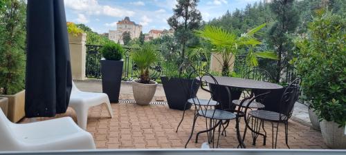 a patio with a table and chairs and plants at Appt vue parc, avec terrasse in Châtel-Guyon