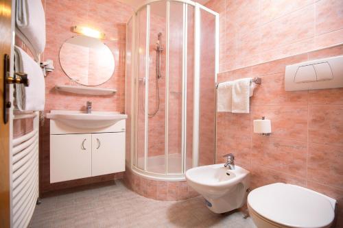 a bathroom with a shower and a toilet and a sink at Garni Rives in Ortisei