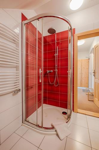 a bathroom with a shower with a red wall at Penzion Vila Machů in Kopřivnice