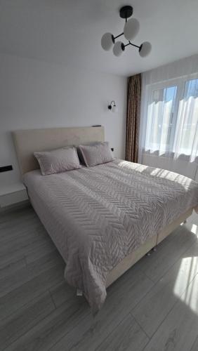 a bedroom with a large bed in a white room at Cozy apartment in Šiauliai