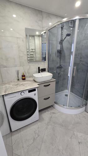 a bathroom with a shower and a washing machine at Cozy apartment in Šiauliai