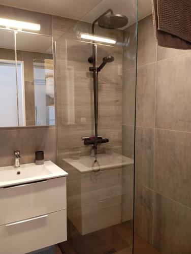 a bathroom with a shower and a sink and a mirror at Oasis Mediterráneo in Ifach