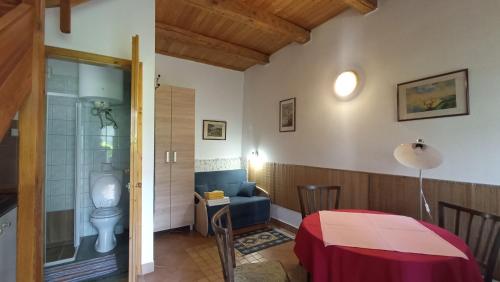 a room with a bathroom with a toilet and a table at Bozsoki Pihenő in Bozsok