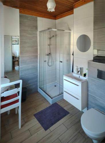 a bathroom with a shower and a toilet and a sink at Willa Perełka in Mielno