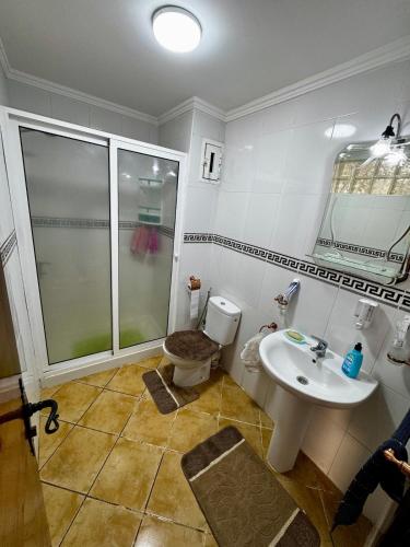 a bathroom with a shower and a toilet and a sink at Peaceful Haven with Pool, Breathtaking View in Oued Laou
