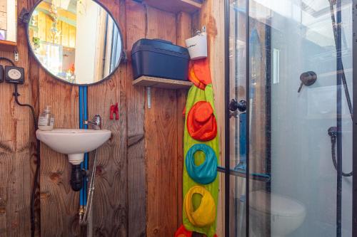 a bathroom with a shower and a sink and a mirror at Logement Bourbon - coeur Ardèche in Lamastre