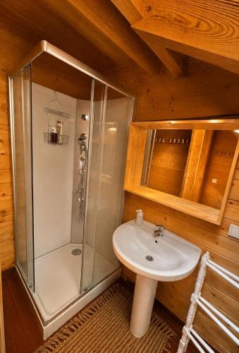 a bathroom with a shower and a sink at Casa rural 'La Huerta' in Rascafría
