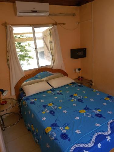 a bedroom with a bed with a blue comforter and a window at Los Lachos in Aguas Dulces