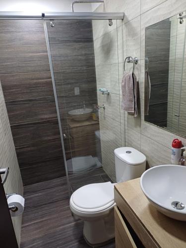a bathroom with a toilet and a sink and a shower at APARTA ESTUDIO CONDO in Villavicencio