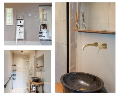 two pictures of a bathroom with a sink at Zwaluwenburg 8 in 't Harde