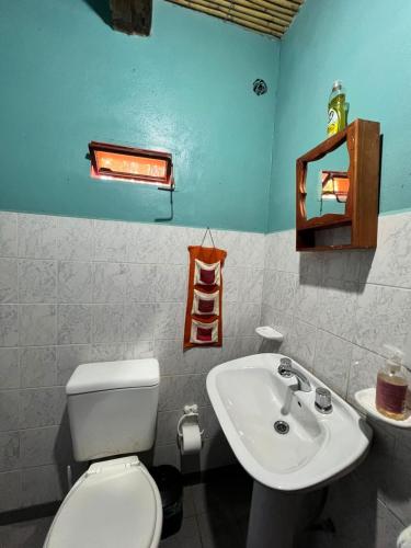 a bathroom with a white toilet and a sink at Kantuta Hospedaje in Tilcara