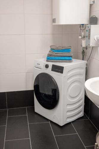 a washing machine in a bathroom next to a sink at Paky Appartements 00317 in Bruck an der Leitha
