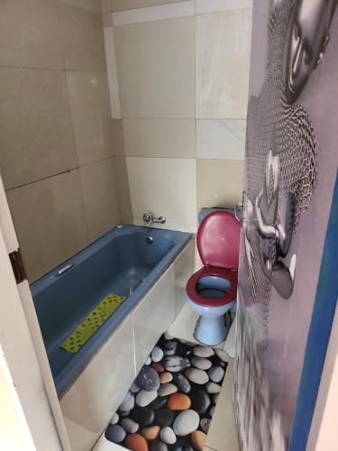 a bathroom with a tub and a red toilet at The wood Guest house in Pretoria