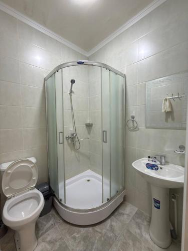 a bathroom with a shower and a toilet and a sink at Almaz Hotel Uzbekistan in Tashkent