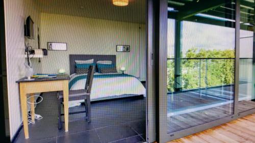 a bedroom with a bed and a desk and a window at Studio Avec Terrace DOCKS in Strasbourg