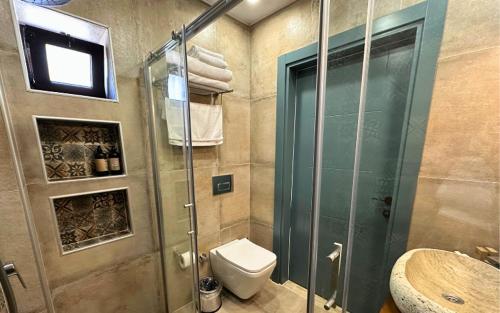 a bathroom with a shower and a toilet and a sink at Mathilda Gökçeada in Gokceada Town