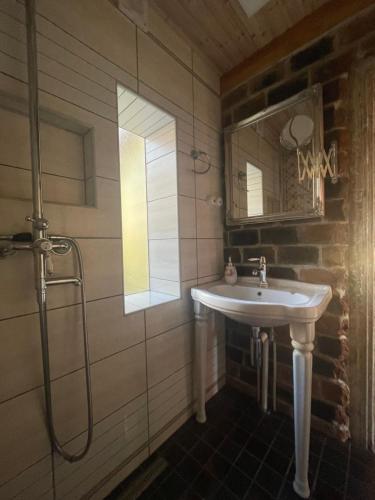 a bathroom with a sink and a mirror at Posti Tiny House with Garden in Haapsalu