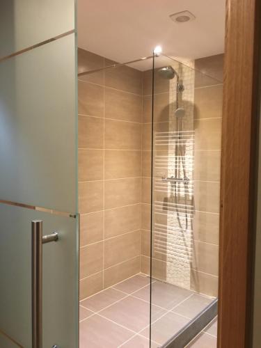 a shower with a glass door in a bathroom at De Gouden Klokke in Avelgem