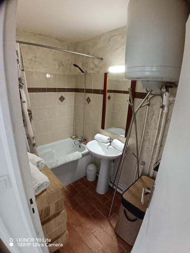 a bathroom with a sink and a tub and a toilet at Les Marines du Cachalot in Villers-sur-Mer