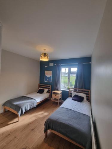 two beds in a room with blue walls at Rougey Lodge Hostel in Bundoran