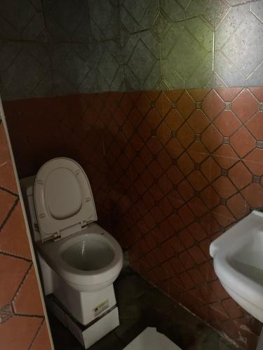 a bathroom with a toilet and a sink at Hymax Grace hotel in Bolorunpelu