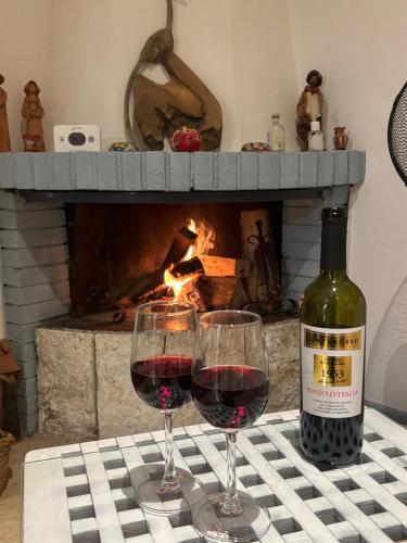 two glasses of red wine on a table with a fireplace at Casa Susy in Rome