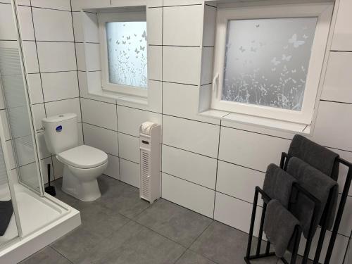 a bathroom with a toilet and two windows at Patrycja 2 in Ehenbichl